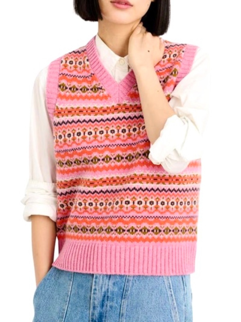 ALEX MILL Francis 100% Merino Wool Fair Isle Vest in Peony Combo - M